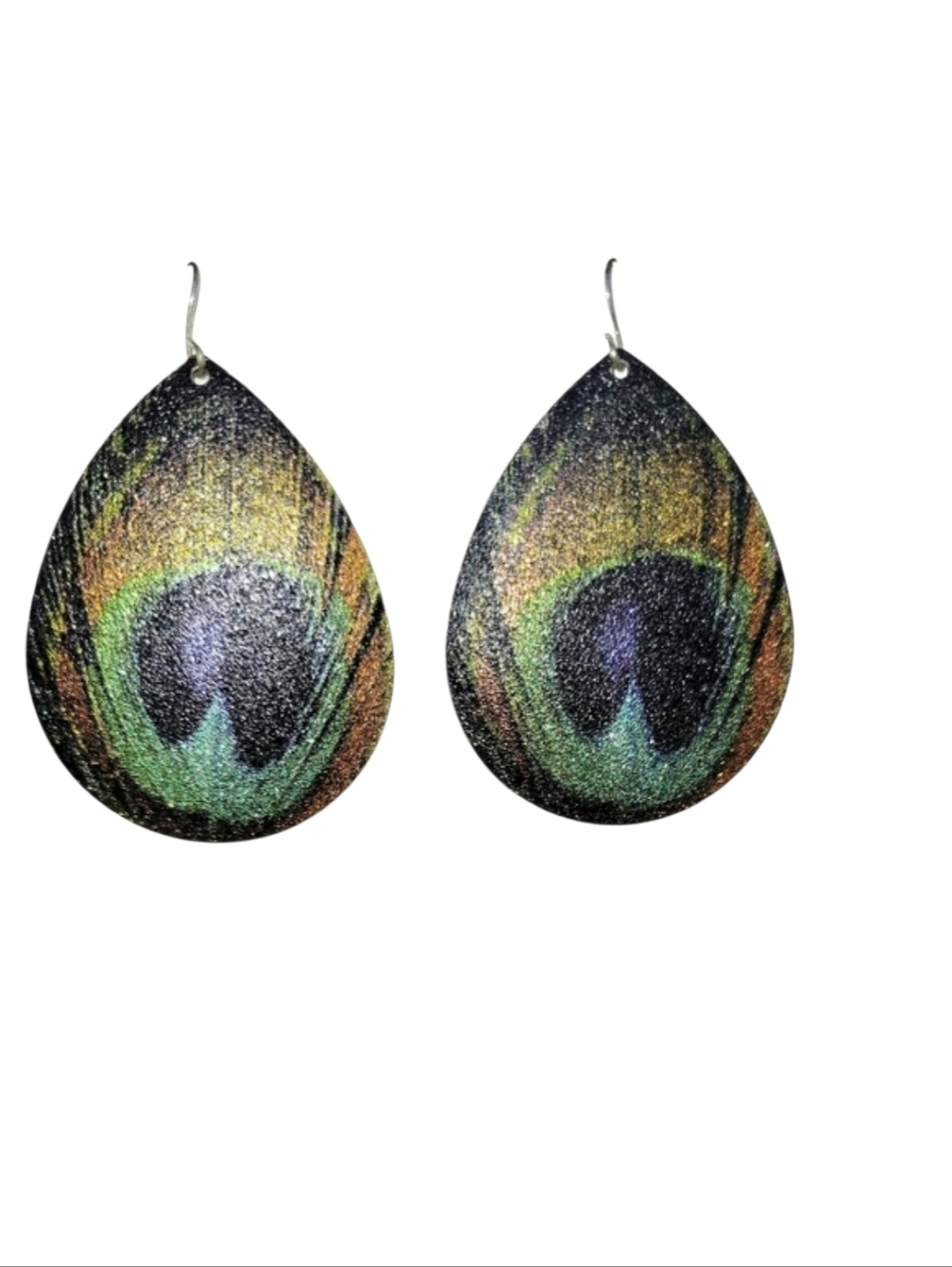 Peacock Feather Teardrop Dangle Earrings Green, Gold, Metal Glitter Iridescent